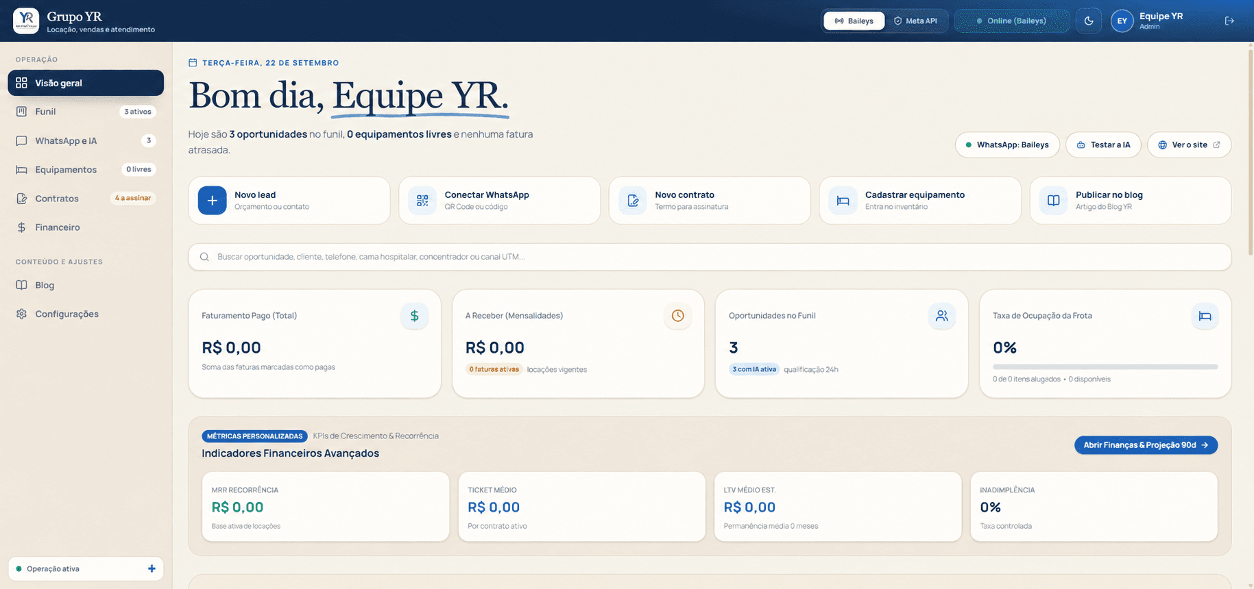 Tela do projeto CRM Grupo YR